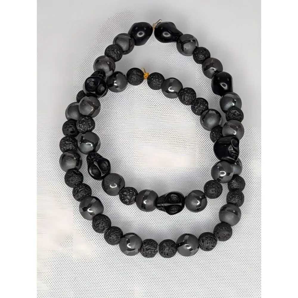 Black Lava Stone, Skull, & Hematite Stretch Bracelets